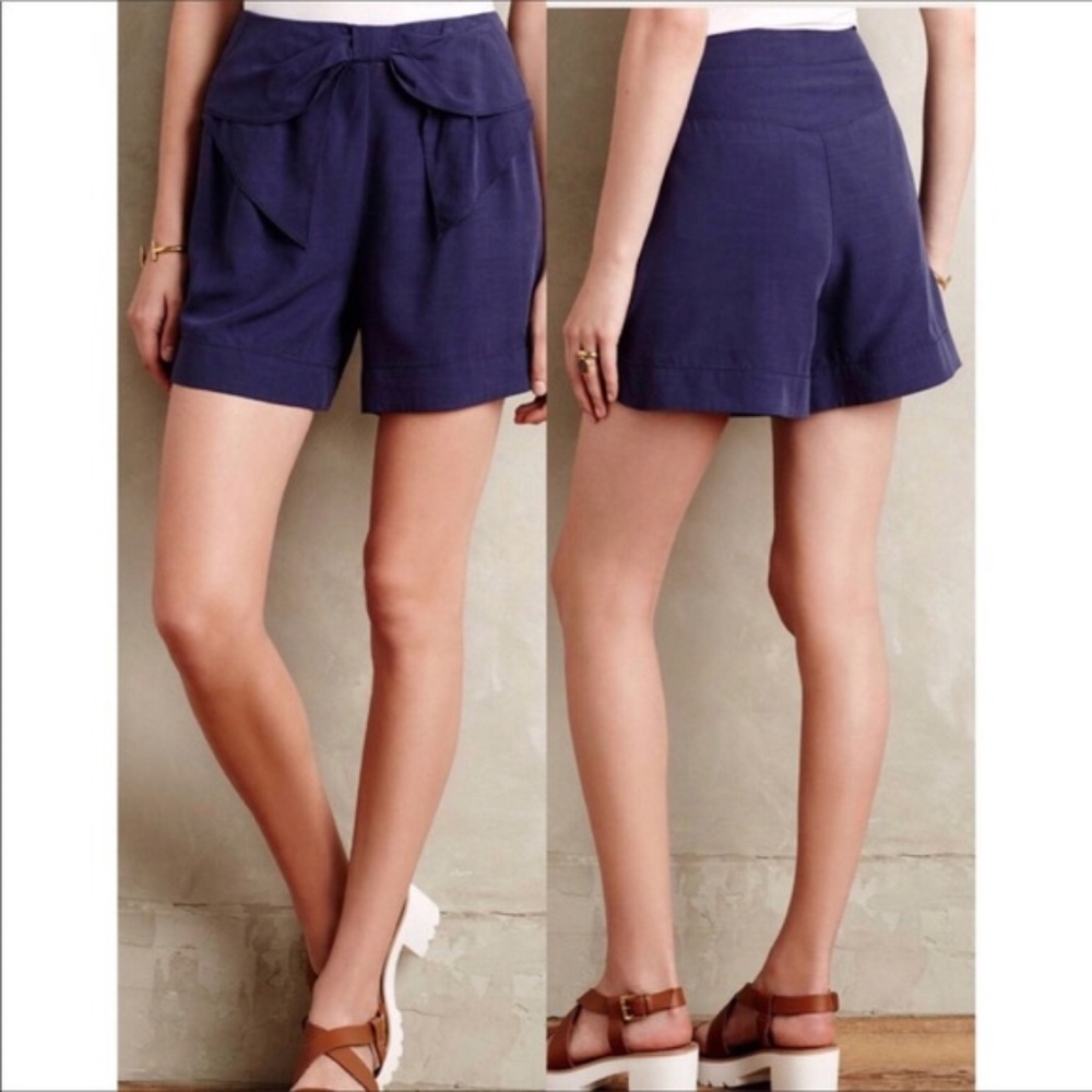 Anthro Elevenses blue high waist bow tie shorts